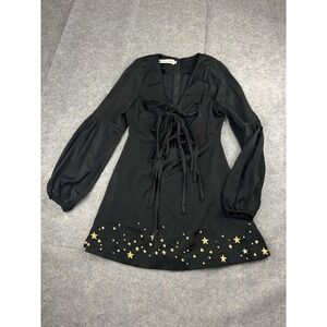 Stoned Immaculate Wild One Black Gold Star Embroidered Tie-Front Dress Womens XS